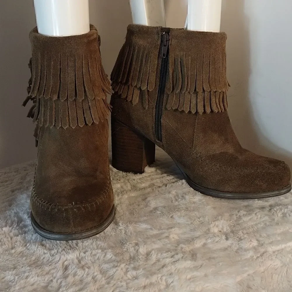 Sbicca Brown Suede Fringe Block Heel Booties